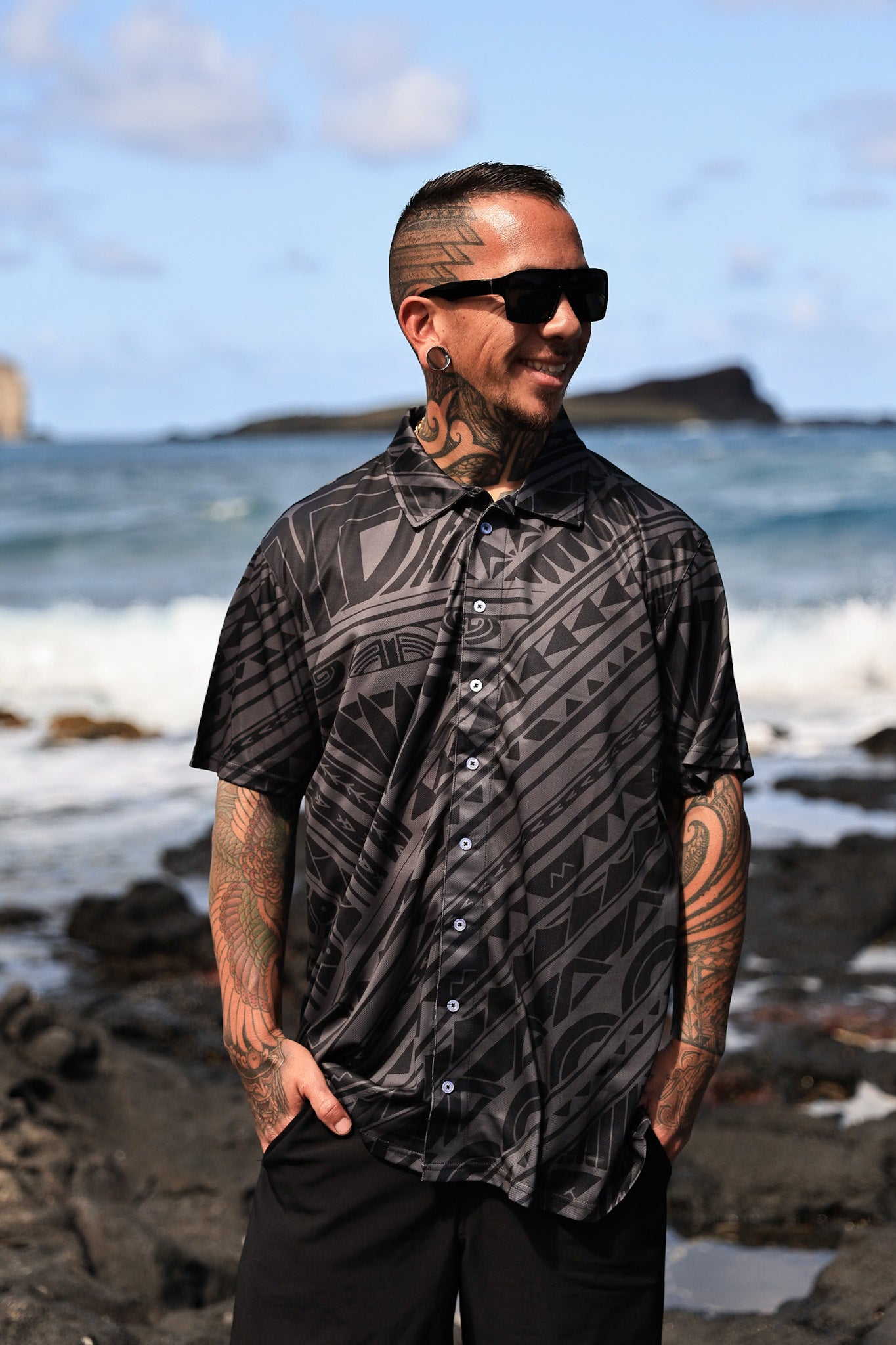 Pasifika Black Dri Fit Aloha Shirt