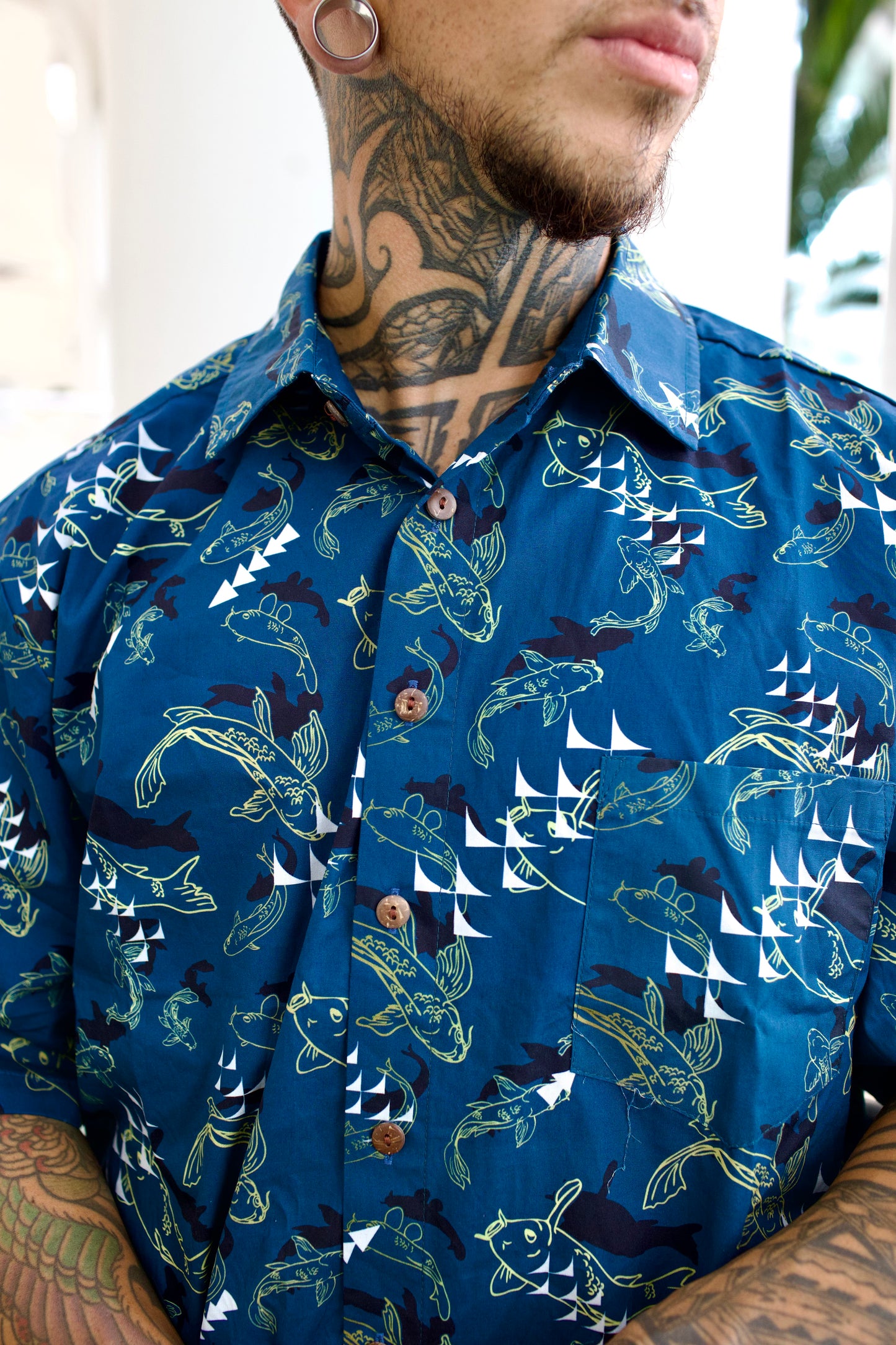 Koi Fish Teal Cotton Aloha Shirt