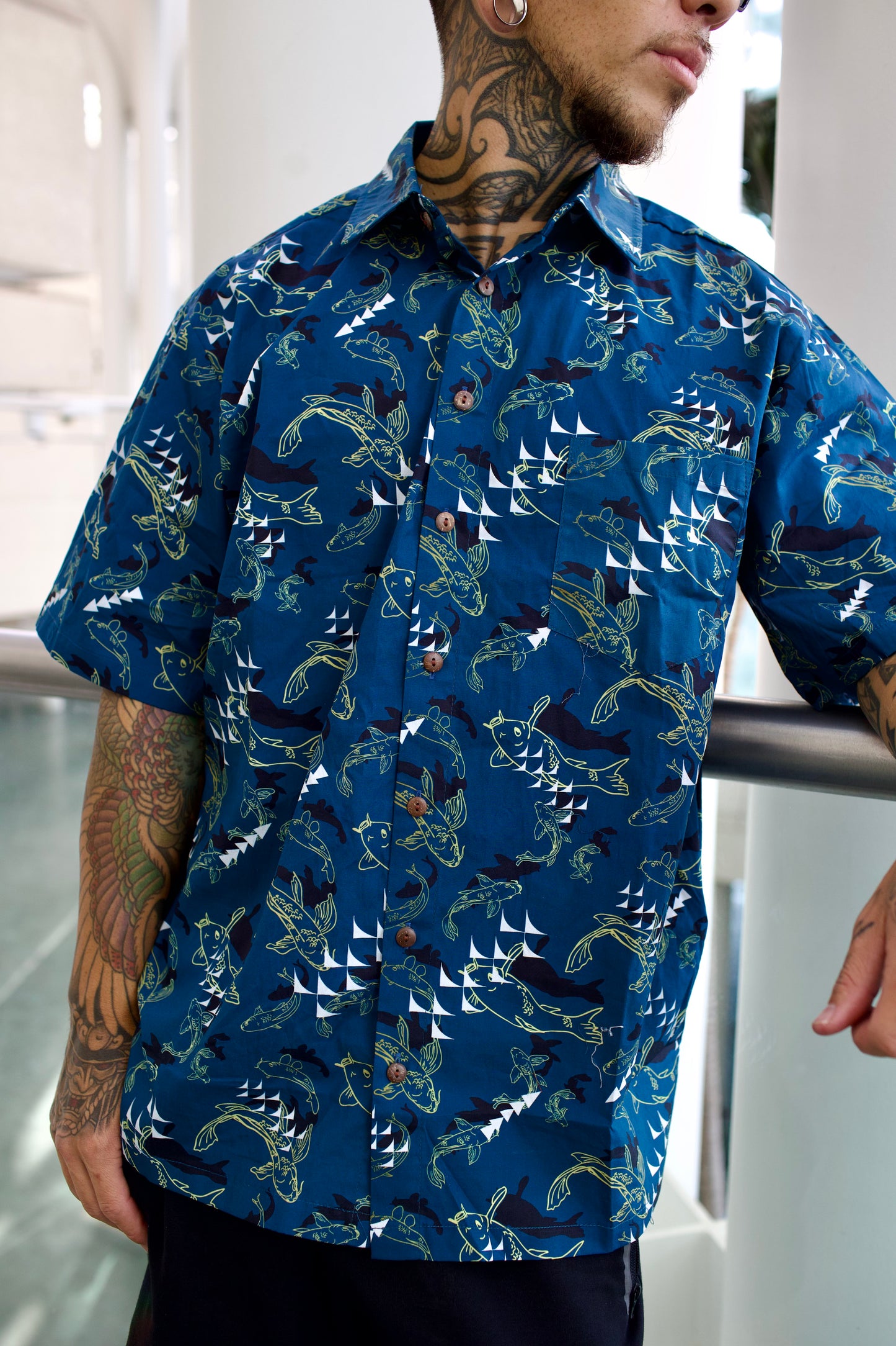 Koi Fish Teal Cotton Aloha Shirt