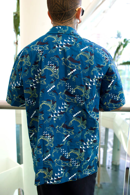 Koi Fish Teal Cotton Aloha Shirt