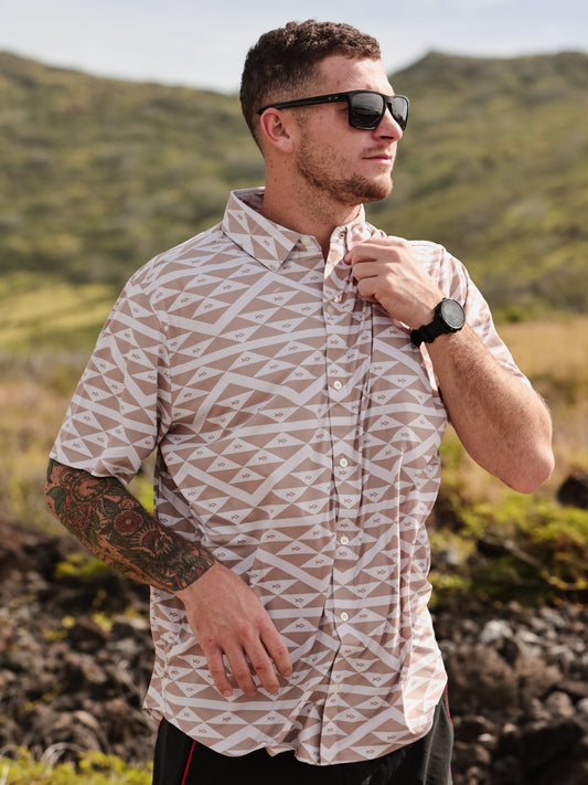 Tribal I’a Dri Fit Aloha Shirt Beige